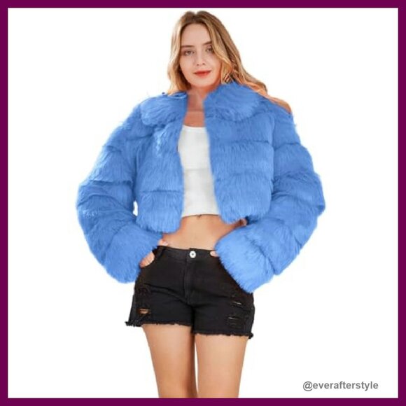 Fluffy Faux Fur Cropped Jacket Zip Up Puffer Winter Warm Chic Y2K - Picture 4 of 8
